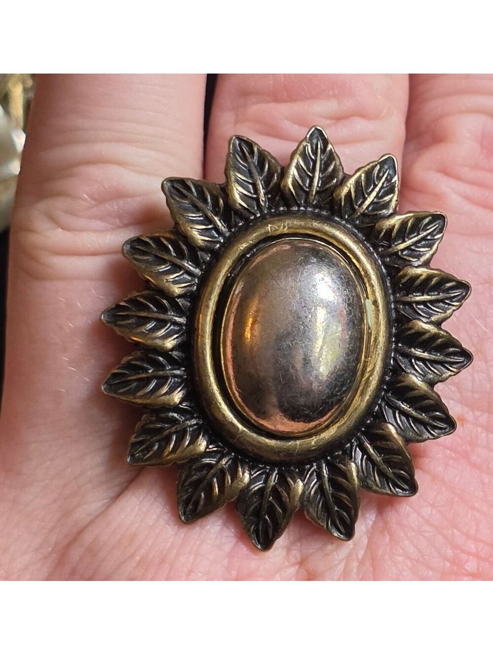 Vintage 1990's Antique Brass Sunflower Cabochon Ring Adjustable